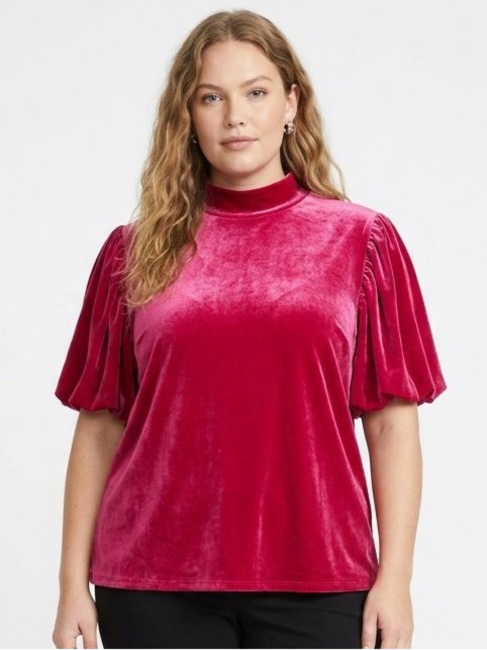 Laurel Grey Hot Pink Velvet Puff Sleeve Mock Neck Top XL